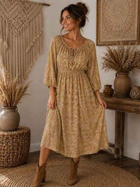 Polagram Golden Mustard Floral Midi Dress